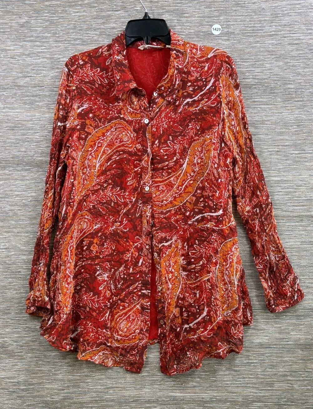 Soft Surroundngs Sheer Top Women's Size XL Red Multi-Color Lined Button-Up